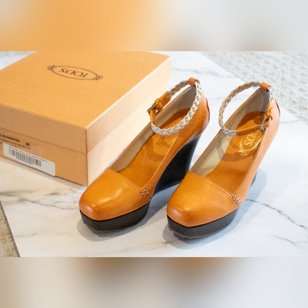 Tod's woman wedge leather shoes size6 rare orange color